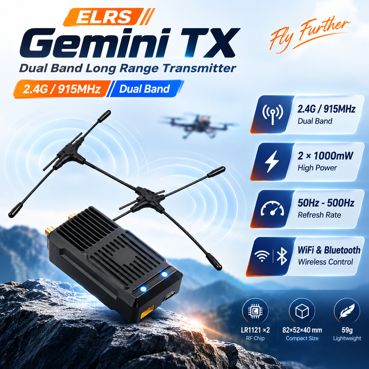 ELRS 2.4GHz 915MHz Gemini TX Transmitter Dual 1000mW ESP32 WiFi Bluetooth For RC FPV Drones