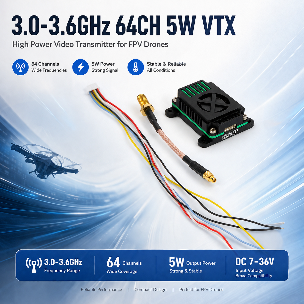 3.0-3.6GHz 64CH 5W VTX for FPV Drone UAV IRC Tramp Control DC 7-36V 2S-8S Metal Materials 3.3GHz 30.5mm Mounting Holes