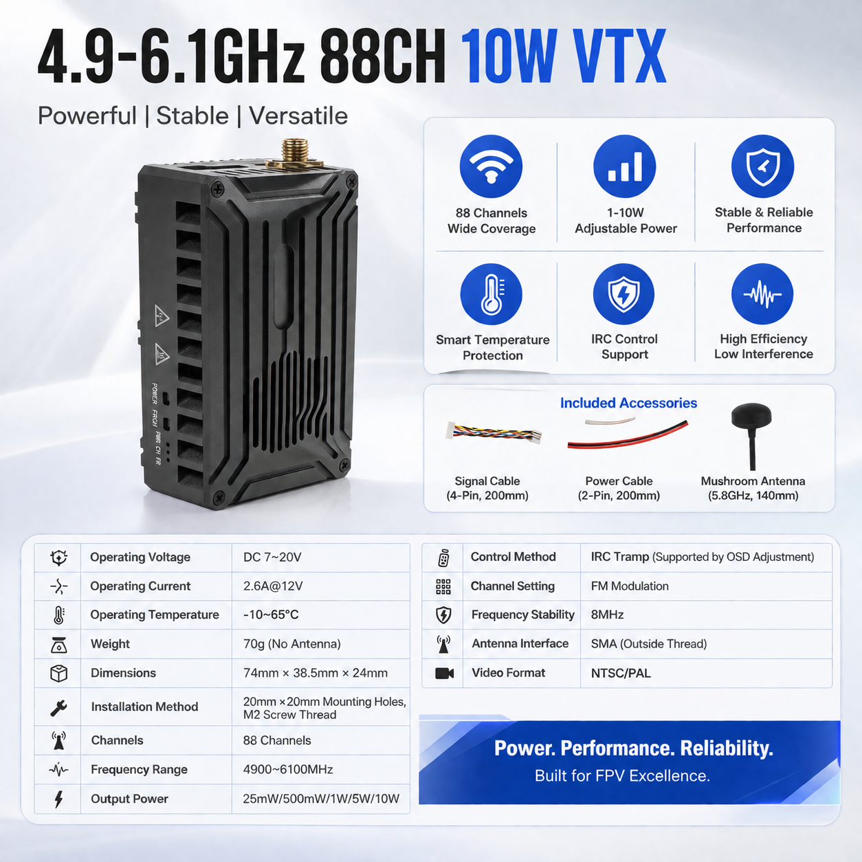10W 5.8G VTX Image Transmission, High-power 4.9G-6.1G Transmitter, 88CH, Long-distance Pit FPV Accessories