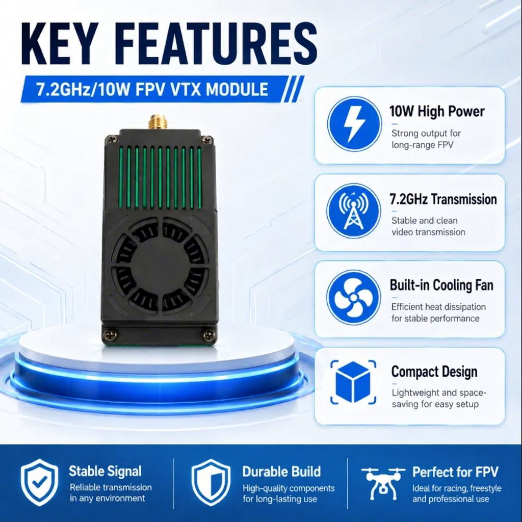 7.2GHz 10W High-Power VTX Video Transmitter 64CH 6100-7200MHz DC 7-36V for FPV Drone UAV Aerial Photography