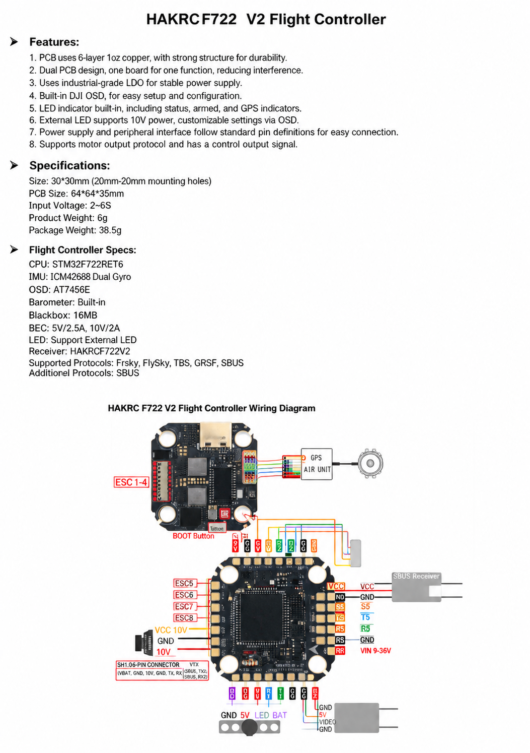 Brand New FPV FC F722 V2 Flight Controller for FPV Drone 2S-6S Lipo Dual Gyroscope ICM42688 CPU STM32F722RET6 photo 7